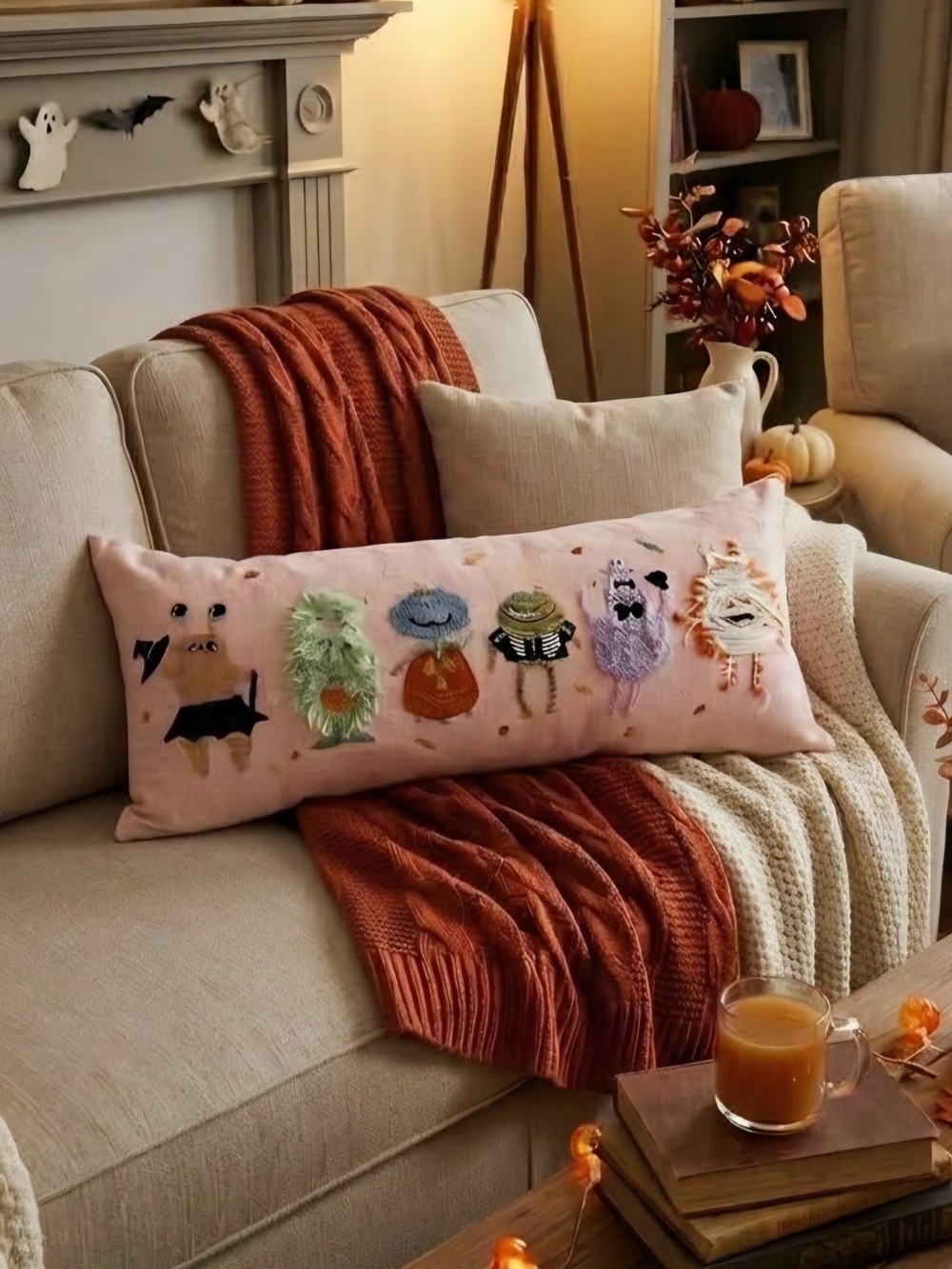 Embroidered Pink Couture Halloween Character Lumbar Pillow